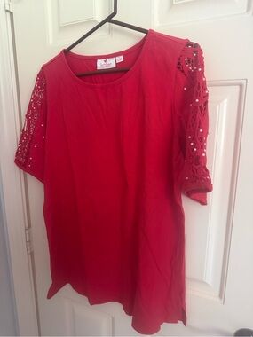 Quacker Factory Red Crochet-Sleeve Blouse with Pearl Accents